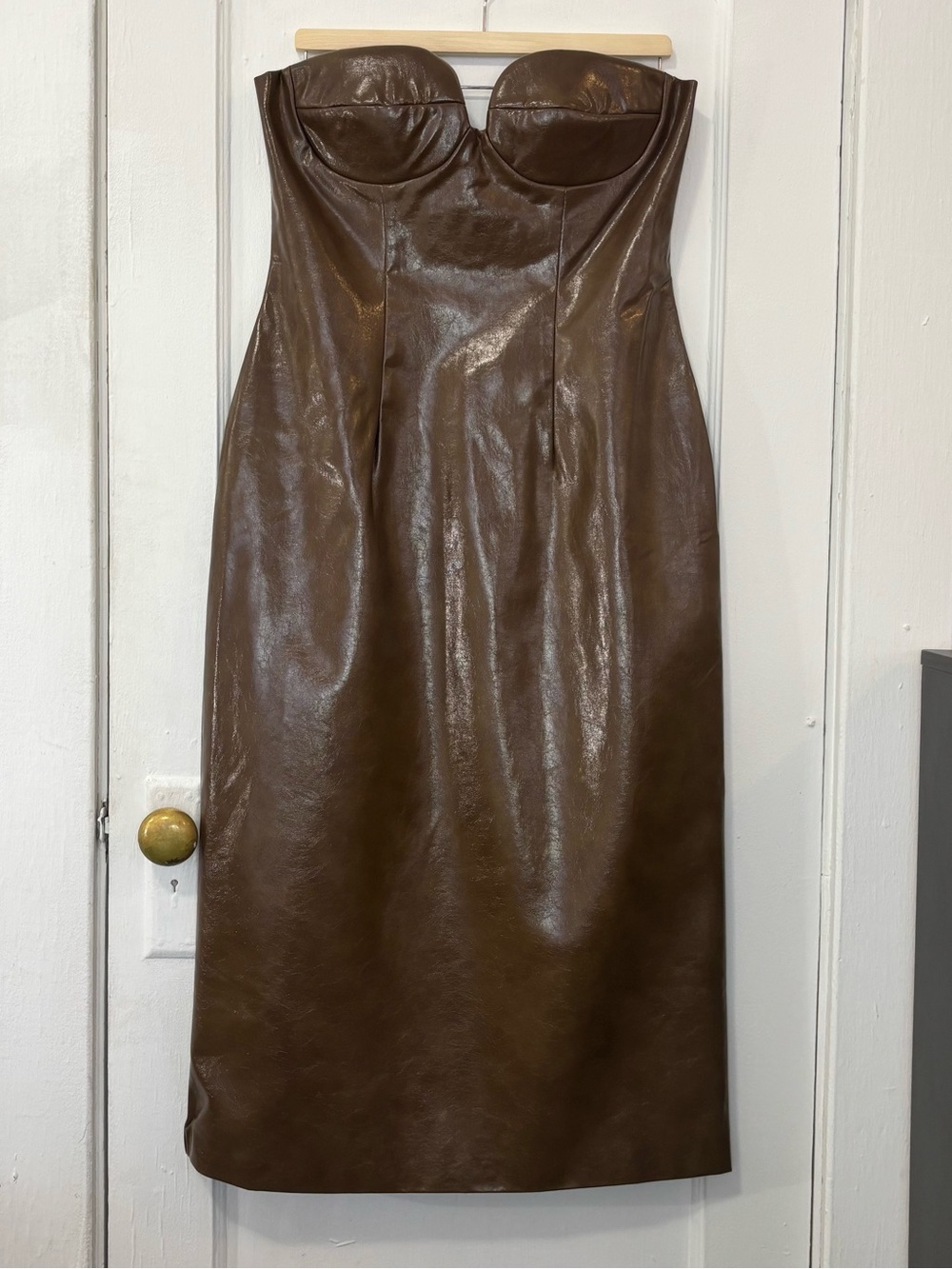 NWT Anthropologie Mare Mare Brown Faux Leather Strapless Slim Midi Dress, Large